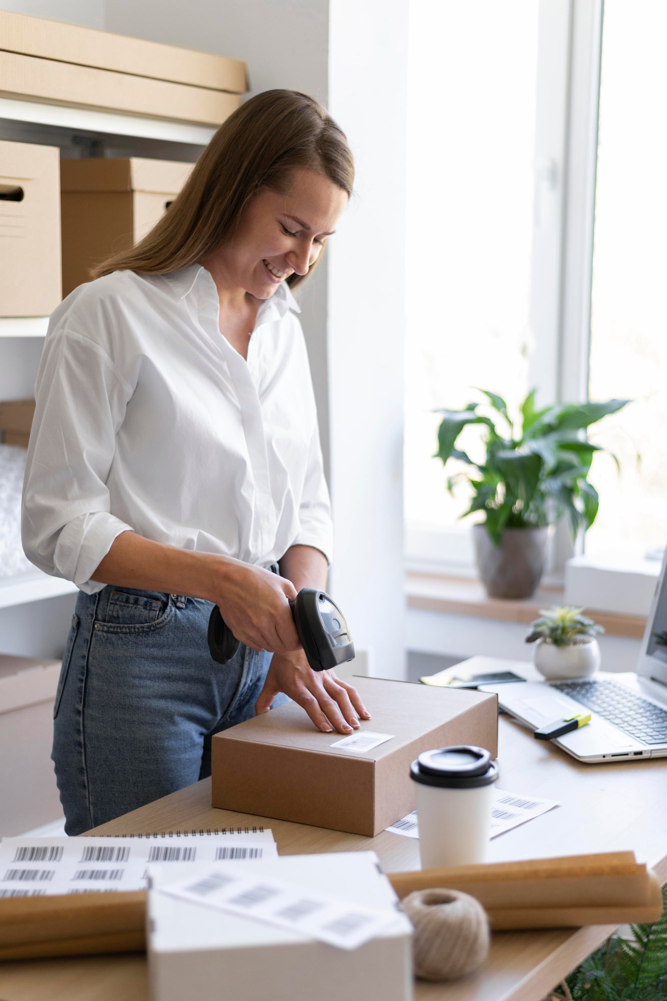 Woman in a modern office preparing outgoing packages for pickup by a TruDomicil courier.